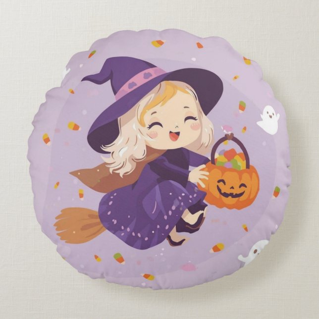 Flying Witch with Pumpkin Round Pillow (Front)