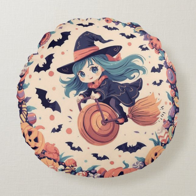 Flying Witch with Pumpkins Round Pillow (Front)