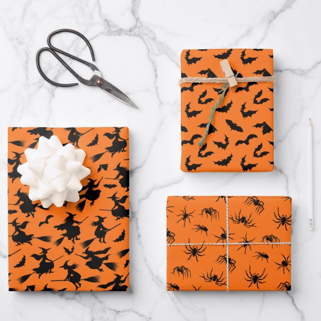 Flying Witches, Bats and Spiders Pattern Wrapping Paper Sheet (Front)