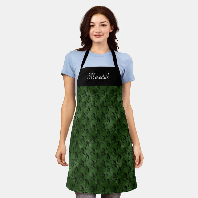 Flying Witches Over Green Pattern Apron (Worn)