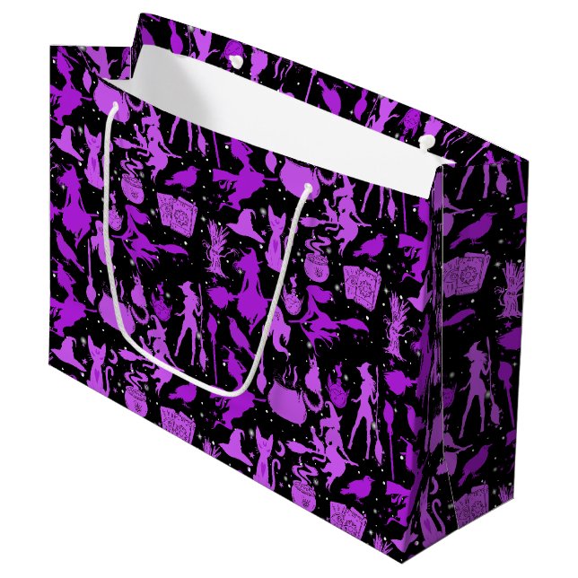 Flying witches pattern.Purple Black BG Large Gift Bag (Front Angled)