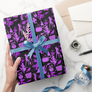 Flying witches pattern.Purple Black BG Wrapping Paper