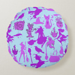 Flying witches pattern.Purple L Blue BG Round Cushion