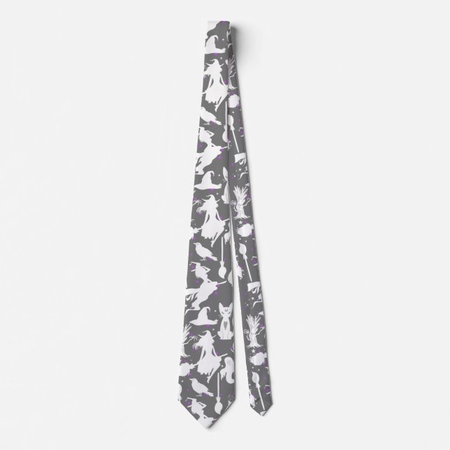 Flying witches pattern.White D Grey BG Tie (Front)