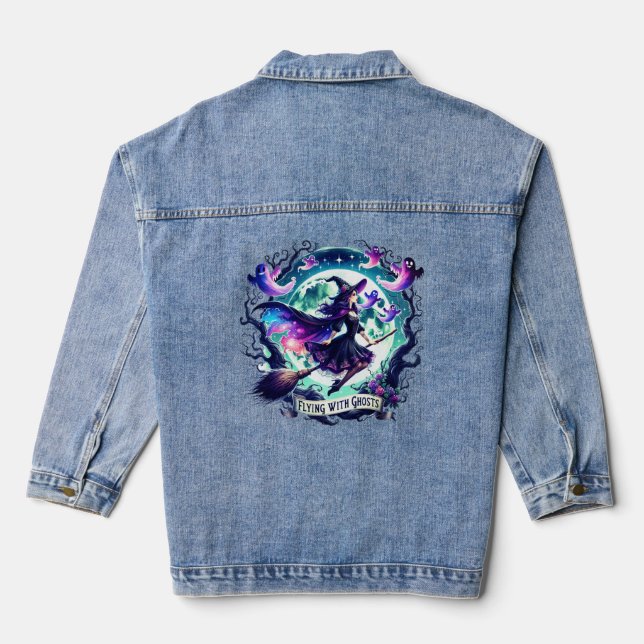 "Flying with Ghosts" Halloween Witch Shirt Denim Jacket (Back)