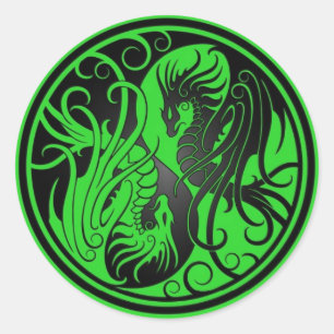 Flying Yin Yang Dragons - green and black Classic Round Sticker