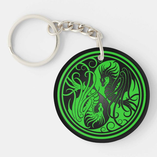 Flying Yin Yang Dragons - green and black Key Ring (Front)