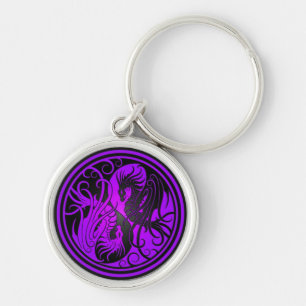 Flying Yin Yang Dragons - purple and black Key Ring