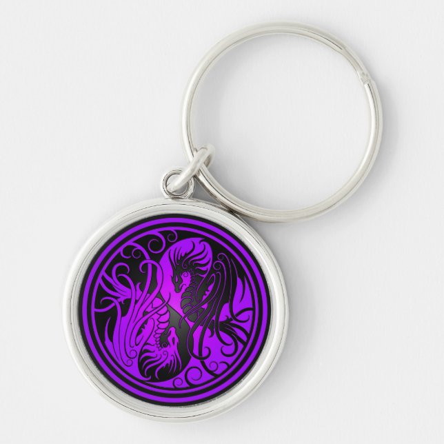 Flying Yin Yang Dragons - purple and black Key Ring (Front)