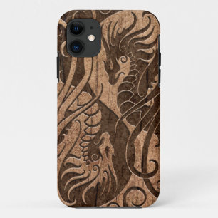 Flying Yin Yang Dragons with Wood Grain Effect iPhone 11 Case