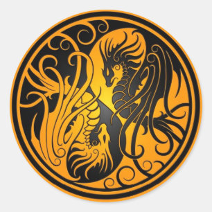 Flying Yin Yang Dragons - yellow and black Classic Round Sticker