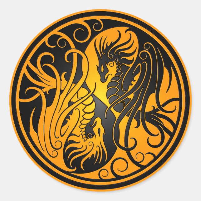 Flying Yin Yang Dragons - yellow and black Classic Round Sticker (Front)