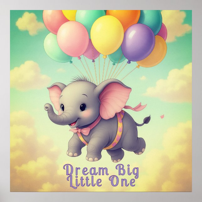 Flyng Baby Elephant with Custom Quote, Nursery Poster (Front)