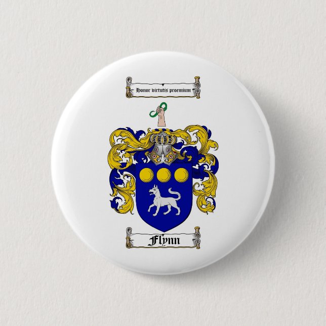 FLYNN FAMILY CREST -  FLYNN COAT OF ARMS 6 CM ROUND BADGE (Front)