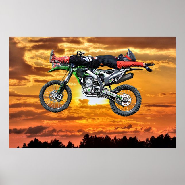 FMX Motocross Dirt-Bike Aerial Stunt and Sunset Poster (Front)