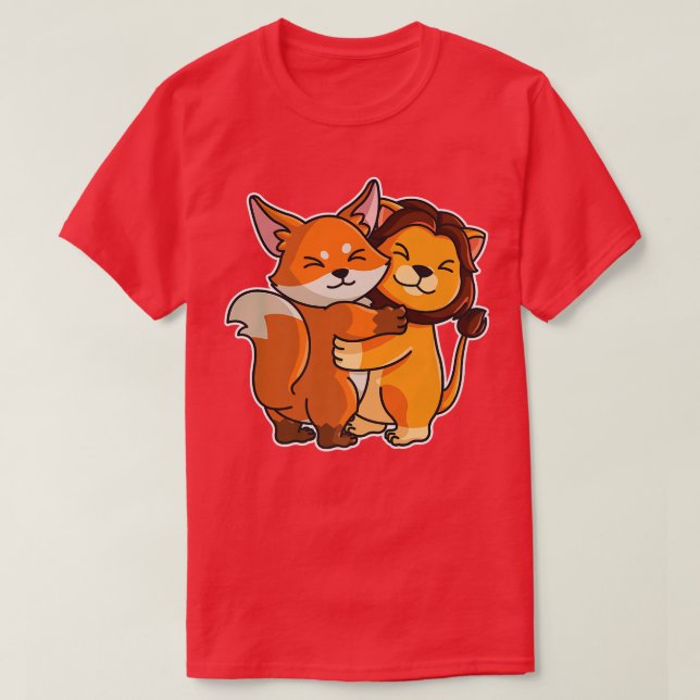 Fo & Lion Hug Kawaii Cute Animals For Women Cuddli T-Shirt (Design Front)