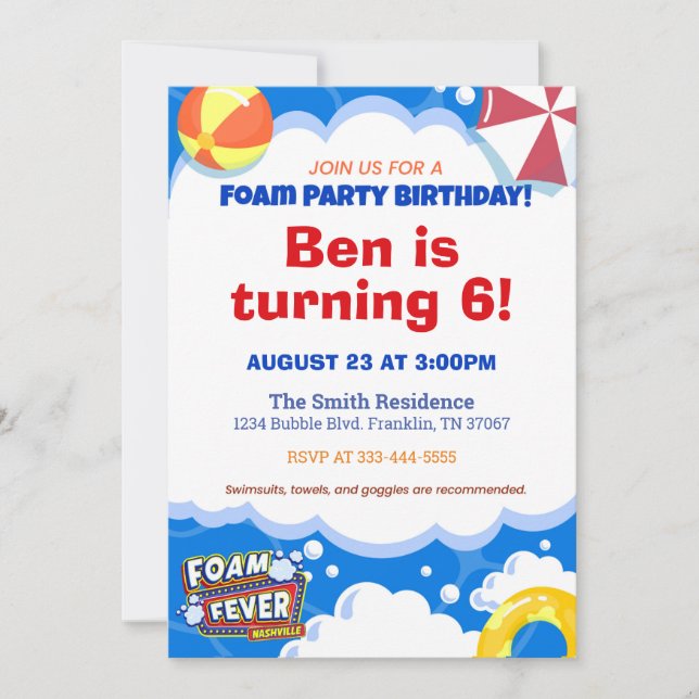 Foam Fever Nashville Birthday Invitation (Front)