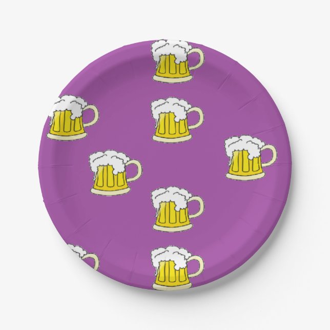 Foaming beer cup on purple paper plate (Front)