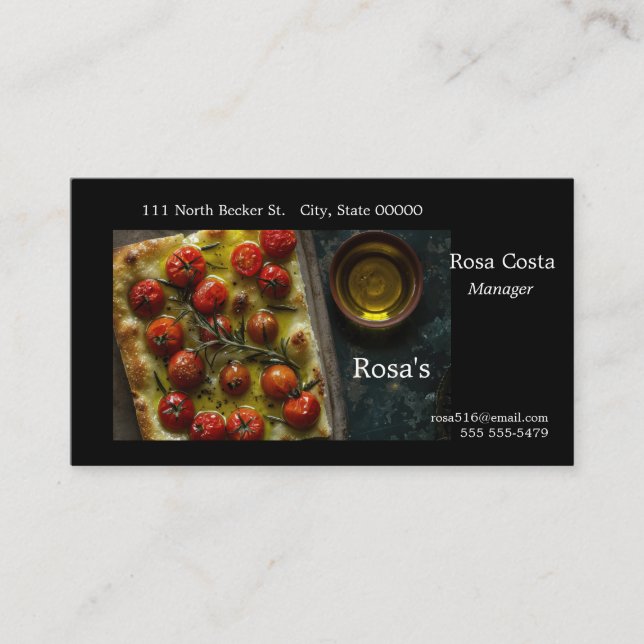 Focaccia with cherry tomatoes from above business card (Front)