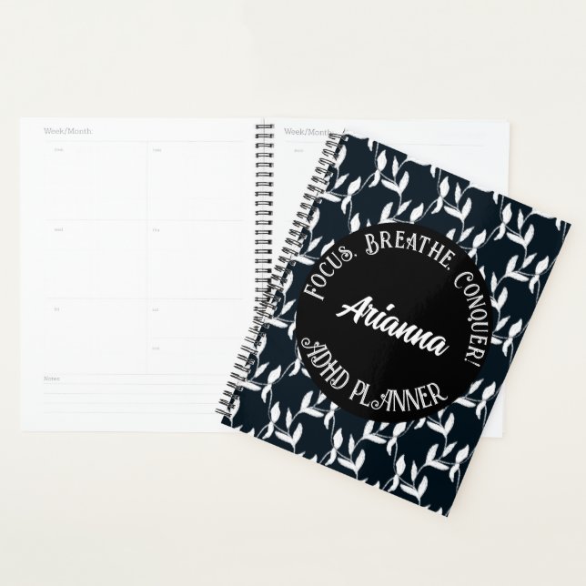 Focus, Breathe, Conquer ADHD| Black,White, Leaf Planner (Display)