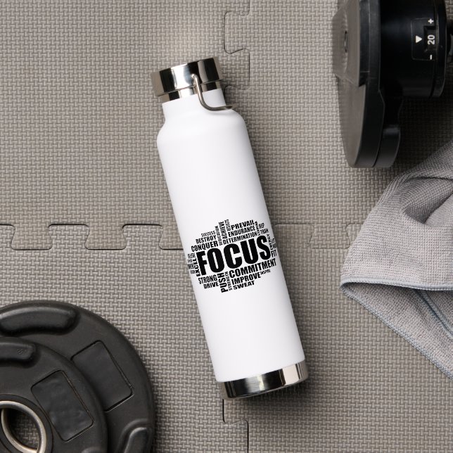 FOCUS – Word Cloud Motivational Design Water Bottle (Gym (Rotated))