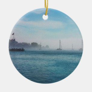 Fog At Mackinac Harbour Ceramic Tree Decoration
