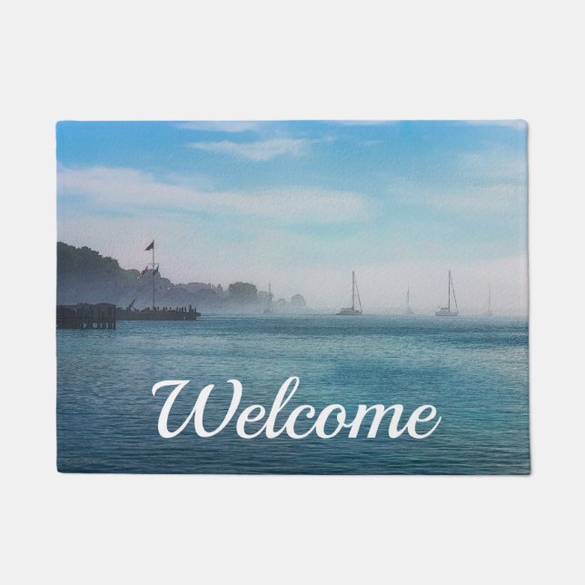 Fog At Mackinac Harbour Welcome Doormat (Front)