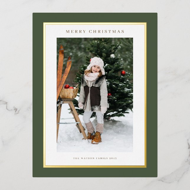 Fog Green Modern Gold Foil Frame Photo Christmas Foil Holiday Postcard (Front)