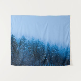 Fog over snow covered forest at lake Bohinj, Slo Tapestry