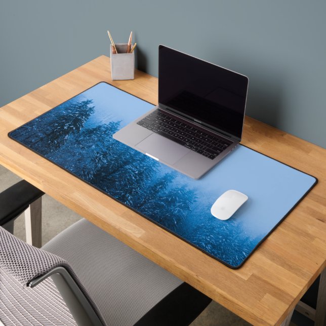 Fog over snow covered forest at lake Bohinj, Slove Desk Mat (Office 2)