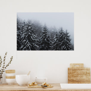 Fog over snow covered spruce forest in winter poster