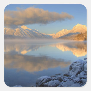Fog rises from Lake McDonald on a very cold Square Sticker