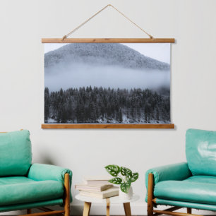 Fog rolling over spruce forest hanging tapestry