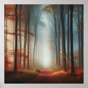 Foggy Autumn Forest Poster, Tranquil Colourful Tre Poster