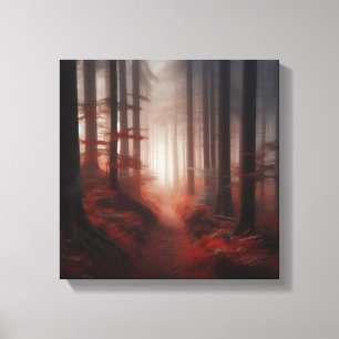 Foggy Autumn Forest Trail in Deep Reds – Canvas Print