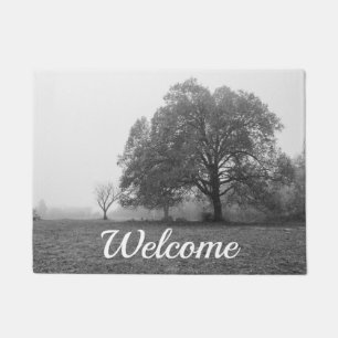 Foggy Autumn Morning Grayscale Welcome Doormat