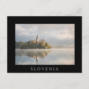 Foggy Bled Lake sunrise black postcard