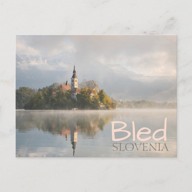 Foggy Bled Lake sunrise double text postcard (Front)