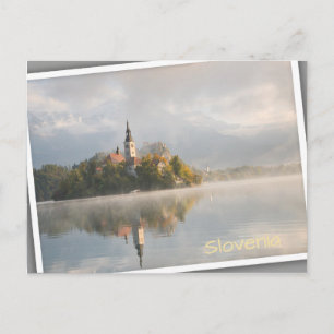 Foggy Bled Lake sunrise in Slovenia Postcard
