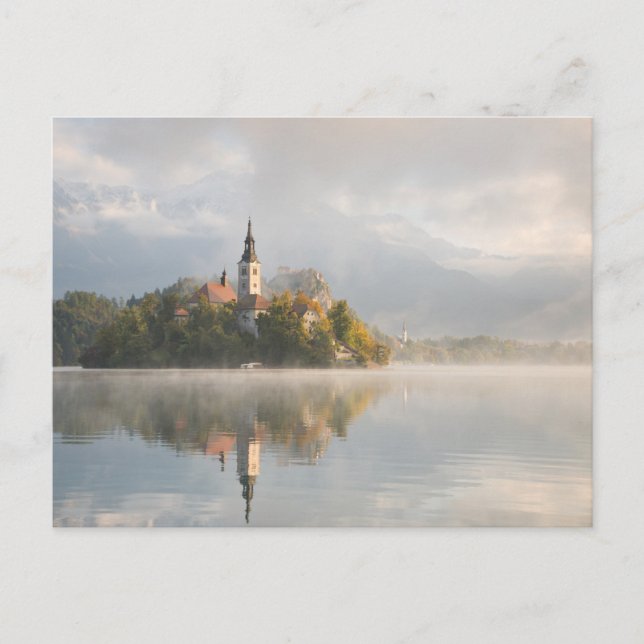Foggy Bled Lake sunrise postcard (Front)