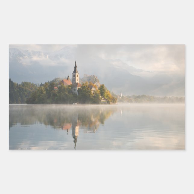 Foggy Bled Lake sunrise rectangular sticker (Front)