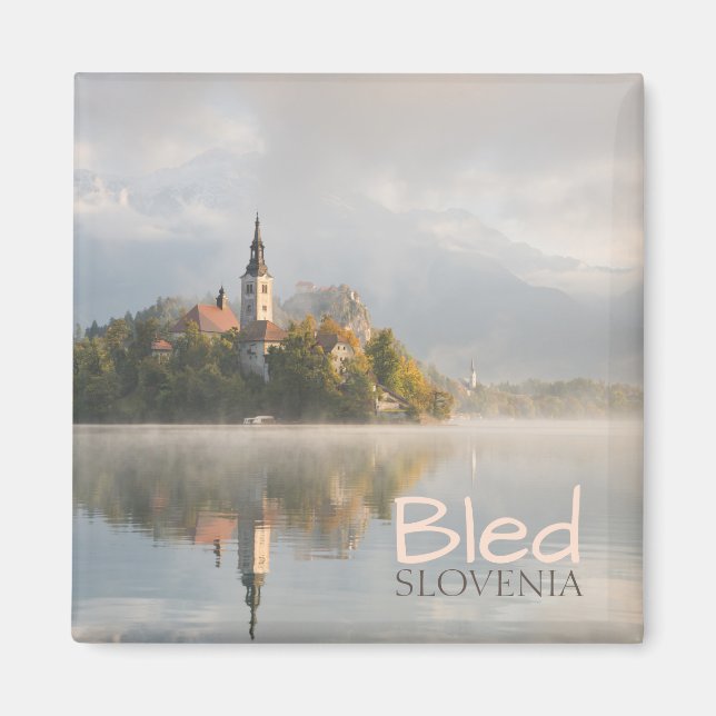 Foggy Bled Lake sunrise text magnet (Front)