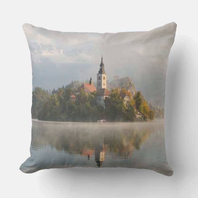 Foggy Bled Lake sunrise throw pillow (Front)