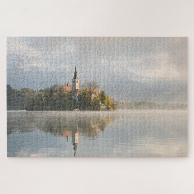 Foggy Bled Lake sunrise with church island Jigsaw Puzzle (Horizontal)