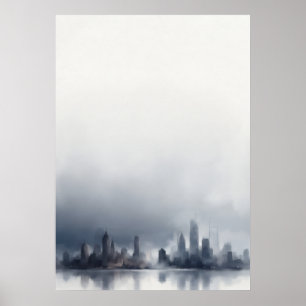 Foggy Blue Grey City Skyline Watercolor Poster