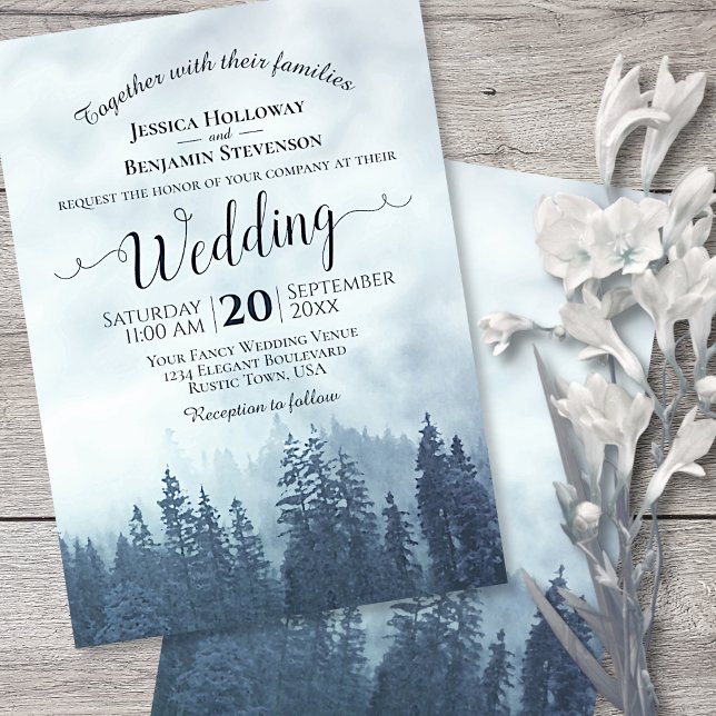 Foggy Blue Mountain Pines Rustic Outdoors Wedding Invitation (Creator Uploaded)