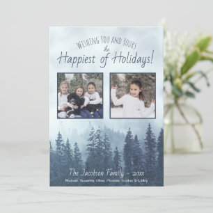 Foggy Blue Pine Trees 2 Photo Rustic Watercolor Holiday Card