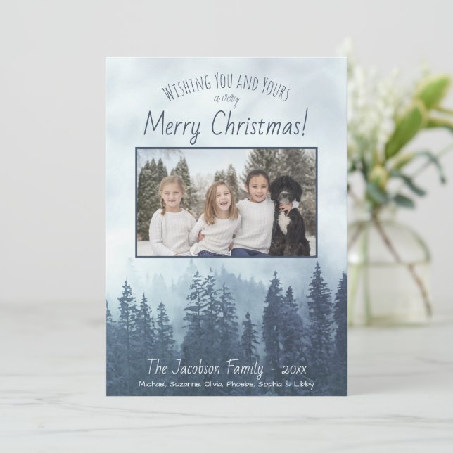 Foggy Blue Pines Photo Rustic Watercolor Christmas Holiday Card (Standing Front)