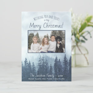 Foggy Blue Pines Photo Rustic Watercolor Christmas Holiday Card