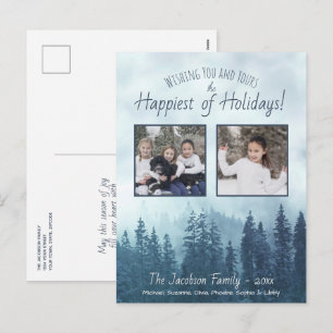 Foggy Blue Pines Rustic Watercolor 2 Photo Holiday Postcard